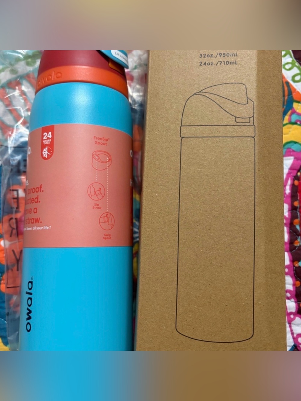 Owalo Bright Blue and Orange Stainless Party Water Bottle 24 oz new